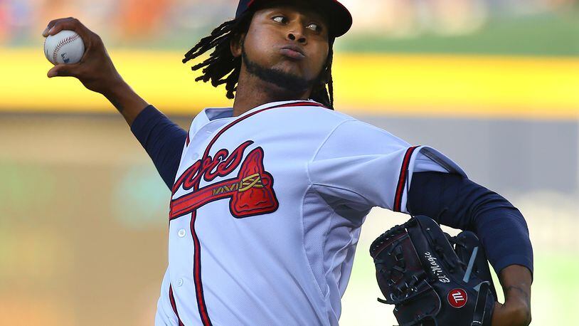 Braves right handed pitcher Ervin Santana, making his 273rd career start, delivers a pitch against the Brewers during the first inning of a MLB game on Wednesday, May 21, 2014, in Atlanta. CURTIS COMPTON / CCOMPTON@AJC.COM
