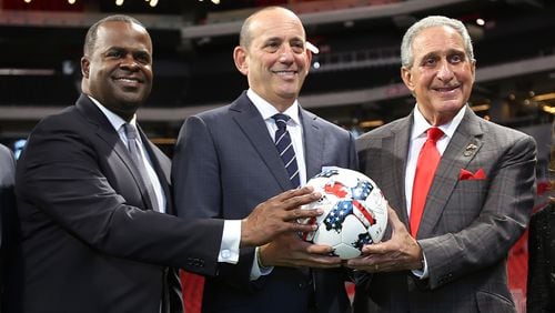 October 23, 2017.   MLS Commissioner Don Garber,  Atlanta United Owner Arthur Blank,  Atlanta Mayor Kasim Reed, pose for a photo after the press conference where  Mercedes-Benz Stadium on Monday was named as host of the MLS All Star game on 2018.