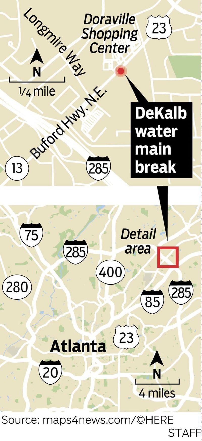A water main break in Doraville affected most of DeKalb County.
