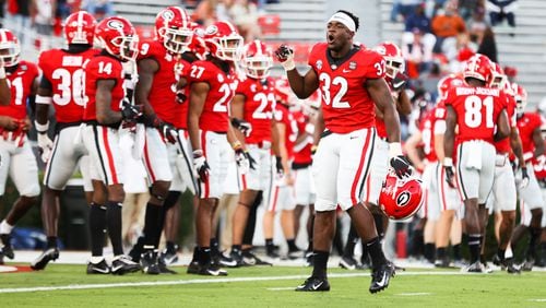 Georgia inside linebacker Monty Rice (32) during a game against Auburn on Dooley Field at Sanford Stadium in Athens on Saturday, Oct. 3, 2020. Rice is one of several Georgia seniors who have elected to opt-out for a bowl game this year. (Photo by Tony Walsh)
