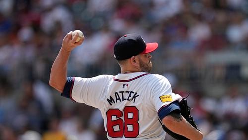 Atlanta Braves pitcher Tyler Matzek (68) works against the Cleveland Guardians in the seventh inning of a baseball game, Sunday, April 28, 2024, in Atlanta. (AP Photo/Mike Stewart)
