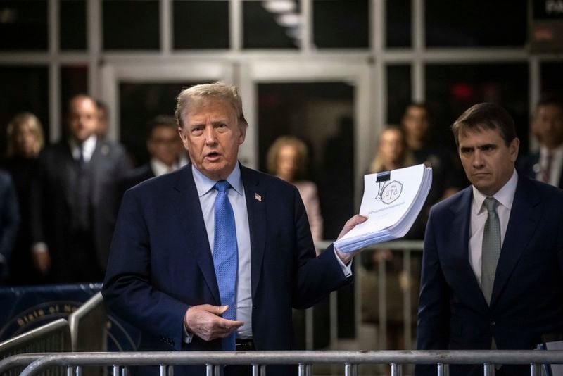 Former President Donald Trump arrives at Manhattan criminal court before his trial in New York, Friday, April 26, 2024. (Dave Sanders/The New York Times via AP, Pool)