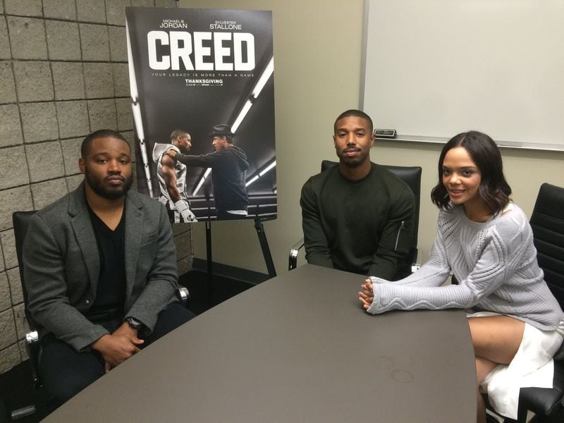 "Creed" writer/director Ryan Coogler, from left, Michael B. Jordan and Tessa Thompson. Photo: Jennifer Brett