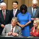 Governor Brian Kemp, First Lady Marty Kemp, health care advocates, and legislators were on hand for the signing of HB 1339 (the Certificate of Need bill) in Athens on Friday, April 19, 2024.   (Nell Carroll for The Atlanta Journal-Constitution)