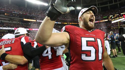 January 22, 2017, Atlanta: Falcons center Alex Mack celebrates beating the Packers 44-21 in the NFL football NFC Championship game to advance to the Super Bowl on Sunday, Jan. 22, 2017, in Atlanta. Curtis Compton/ccompton@ajc.com