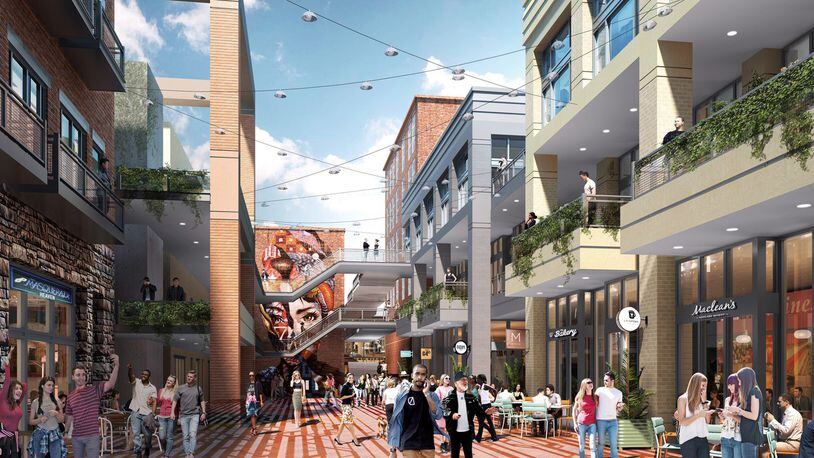 The designer states that this rendering shows “the Exchange Building, formerly the food court, will be reimagined as a series of smaller buildings, that are more in keeping with the scale and context of Underground Atlanta and Alabama Street.” Source: S9 Architecture.