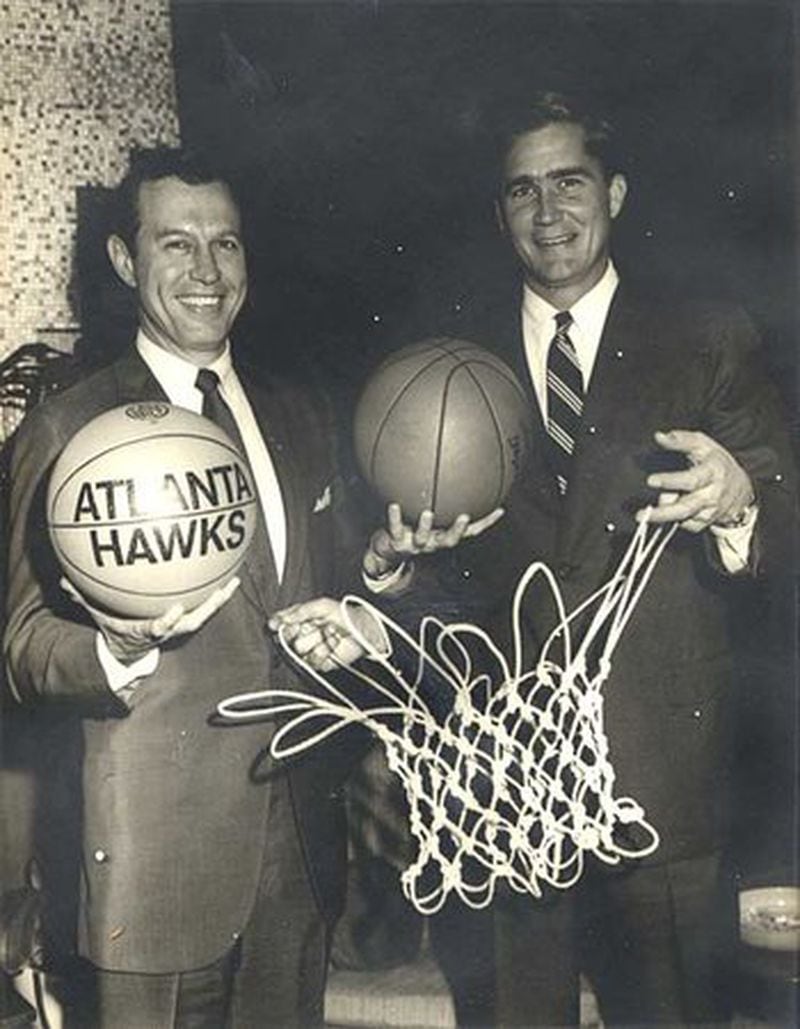 Former Gov. Carl Sanders, left, and Tom Cousins bought the St. Louis Hawks to Atlanta in 1968, marking the NBA’s first foray into the South.
