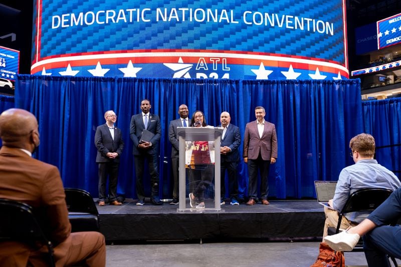 U.S. Rep. Nikema Williams spoke to journalists after touring State Farm Arena on July 28, 2022, with Democratic National Committee members as part of Atlanta’s bid to host the 2024 Democratic National Convention. (Ben Gray for the Atlanta Journal-Constitution)