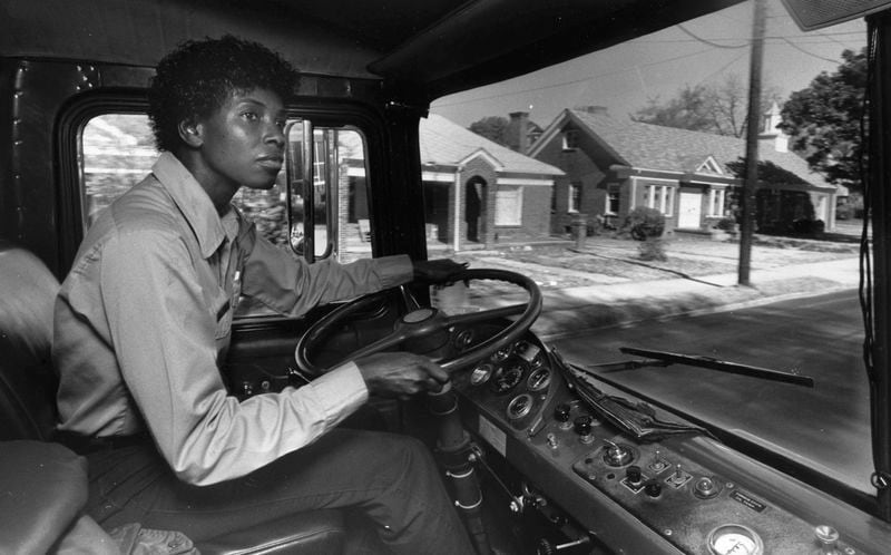 November 13, 1987 Atlanta: Atlanta Fire department’s first African American woman fire apparatus operator, Emma Morris behind the wheel in metro Atlanta, Georgia on November 13, 1987.

