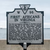 A sign commemorating the arrival of the first Africans is displayed at Chesapeake Bay, in Hampton, Virginia.