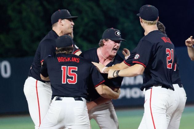 Georgia players celebrate with relief pitcher Leighton Finley (center right) after defeating Georgia Tech 8-6 in the 10th inning to win the Athens Regional at Foley Field on Sunday, June 2, 2024, in Athens.
(Miguel Martinez / AJC)