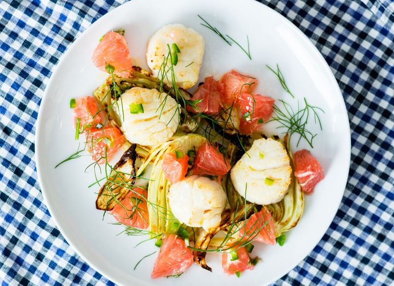 Sheet-pan Scallops with Fennel and Grapefruit comes together in 30 minutes or less. CONTRIBUTED BY HENRI HOLLIS