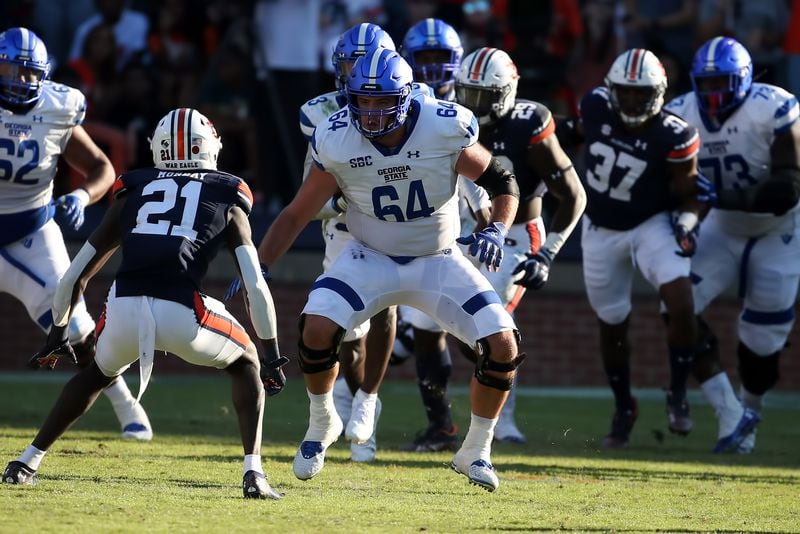 Georgia State right guard Pat Bartlett takes on a block in the 2021 game against Auburn.