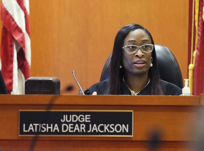 2/22/19 - Decatur - Judge LaTisha Dean Jackson presides over a status conference to set the date for the Robert “Chip” Olsen murder trial at the DeKalb Superior Courthouse in Decatur, Georgia on Friday, February 22, 2019. Judge Dear Jackson is newly appointed to the case and the fourth DeKalb superior court judge to be over the case. March 9 will mark the four year anniversary of Anthony Hill’s death. Hill, a veteran, had stopped taking medication due to the side effects, which lead Hill to strip naked outside of his Chamblee Apartment. DeKalb police were called to the scene where Olsen said he shot Hill twice out of fear for his safety. Olsen would be indicted for murder ten months later. EMILY HANEY / emily.haney@ajc.com