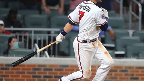 Dansby Swanson hits a walk-off single as the Braves defeated the Padres 5-4 for the series sweep on April 17, 2017 in Atlanta. (Curtis Compton/Atlanta Journal-Constitution/TNS)