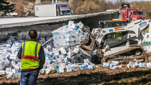 Georgia Department of Transportation officials confirmed a truck hauling about 40,000 pounds of broccoli overturned on the ramp from I-285 to I-75 in Clayton County, according to Channel 2 Action News.