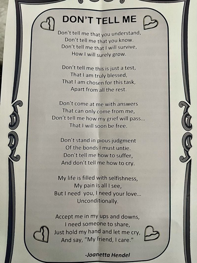 This poem was sent to Abby Duval by the American Foundation for Suicide Prevention. 
Courtesy of Abby Duvall