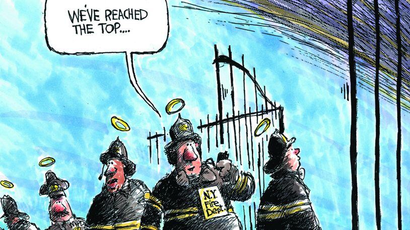 Mike Luckovich editorial cartoon for Thur. Sep. 13, 2001. This is a memorial tribute to the New York City police and firefighters that perished in the terrorist atttack on the World Trade Center.