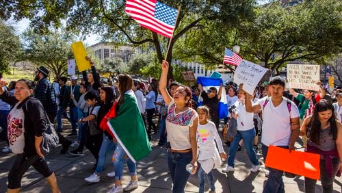 “A Day Without Immigrants” protestors march in the streets outside the state capitol in Austin, Texas in this file photo from February. Drew Anthony Smith/Getty Images