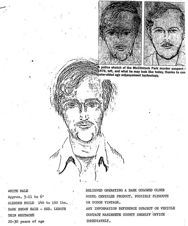 A 1976 police sketch shows a man witnesses saw in the area of McClintock Park in Silver Cliff, Wisconsin, around the time of the July 9, 1976, slayings of David Schuldes, 25, and Ellen Matheys, 24, both of Green Bay. The engaged couple was gunned down, and Matheys sexually assaulted, during a camping trip. Raymand Lawrence Vannieuwenhoven, 82, has been named a suspect in the slayings.
