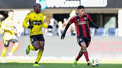 Atlanta United midfielder Thiago Almada dribbles the ball during the match against Columbus Crew at Lower.com Field in Columbus, OH on Saturday Feb.  24, 2024. (Photo by Mitch Martin/Atlanta United)