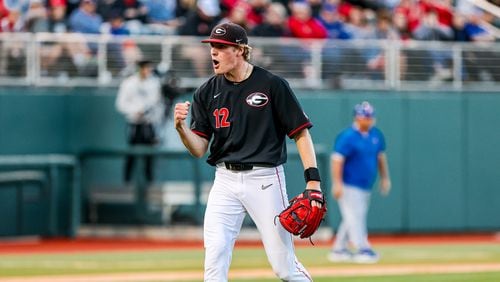 Georgia pitcher Jonathan Cannon (12), here reacting to an out during his last outing against Florida, has been scratched (Photo by Tony Walsh/UGA Athletics)