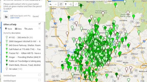 This map featured on the Facebook page “SnowedOutAtlanta” uses crowdsourcing — soliciting aid from a large source of people, particularly those online — to match motorists stranded in the snow storm with good Samaritans willing to help or offer shelter.