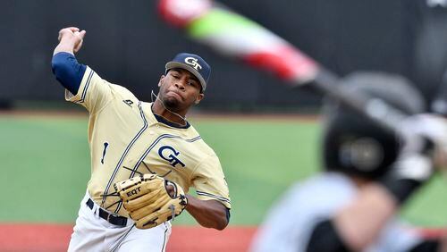 Georgia Tech pitcher Xzavion Curry (1) throws against Wake Forest during the Atlantic Coast Conference baseball tournament in Louisville, Ky., Thursday, May. 25, 2017. (Timothy D. Easley/theACC.com via AP)
