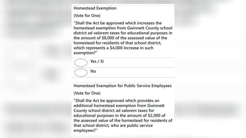 Gwinnett County: Two referendum questions relate to homestead exemptions that reduce property taxes. One applies to senior citizens. The second applies to “public service employees.” (Source: Sample ballot)