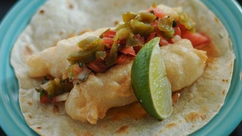 The fried shrimp taco with pickled Jalapeno from Escorpion in Atlanta. / AJC file photo