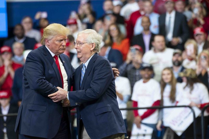 Senate Majority Leader Mitch McConnell (R-Ky.) shakes President Donald Trump’s hand at a rally in November 2019. (Doug Mills/The New York Times)