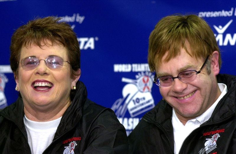 VILLANOVA, PA - OCTOBER 3:  Tennis pro Billie Jean King  and musician Elton John  speak during the 10th Anniversary World Team Tennis Smash Hits Press Conference October 3, 2002 in Villanova, Pennsylvania. Proceeds from the event benefit several AIDS charities.  (Photo by William Thomas Cain/Getty Images)