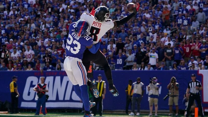 Falcons tight end Kyle Pitts (8) misses a pass in the end zone against New York Giants cornerback Logan Ryan (23) during the second half Sunday, Sept. 26, 2021, in East Rutherford, N.J. (Seth Wenig/AP)