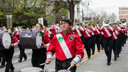 A marching band performs during the 2017 Atlanta St. Patrick's Day parade.
