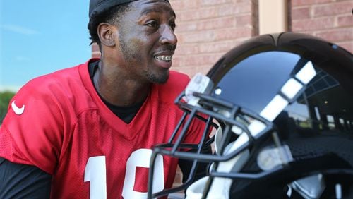 May 11, 2018 Flowery Branch: Atlanta Falcons first round draft pick Calvin Ridley is all smiles at the end of the first day of practice during rookie-mini-camp on Friday, May 11, 2018, in Flowery Branch.  Curtis Compton/ccompton@ajc.com
