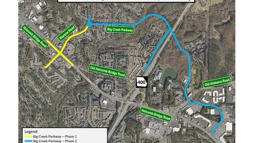 Map depicts the route and phasing for the Big Creek Parkway project in Roswell. CITY OF ROSWELL