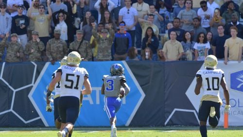 October 13, 2018 Atlanta - Duke wide receiver T.J. Rahming (3) runs for a touchdown in the second half at Bobby Dodd Stadium on October 13, 2018. Duke won 28-14 over the Georgia Tech. HYOSUB SHIN / HSHIN@AJC.COM