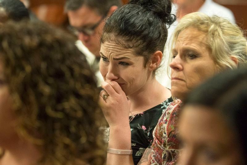 7/26/2019 -- McDonough, Georgia -- Tessa Daniel, mother of Laila Daniel, becomes emotional while sitting in the courtroom during closing arguments for the trial of Jennifer and Joseph Rosenbaum in front of Henry County Judge Brian Amero at the Henry County Superior courthouse, Friday, July 26, 2019.   (Alyssa Pointer/alyssa.pointer@ajc.com)