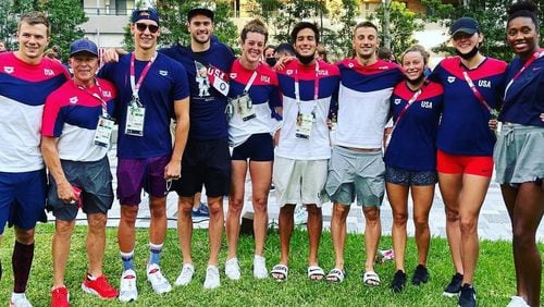 Georgia swimming and diving coach Jack Bauerle (second from left) poses with the Bulldogs' swimmer contingent at the athlete village in Tokyo for the 2020 Olympic Games, which concluded Sunday. (Photo from Jack Baurle)