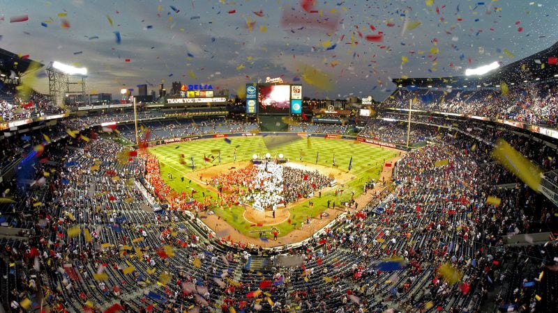 The Braves closed down Turner Field with one final giant tomahawk chop and a confetti shower.