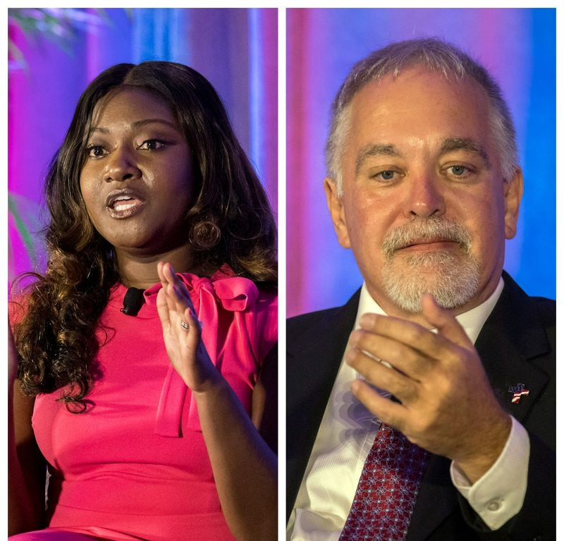 Democrat Alisha Thomas Searcy (left) is running against Republican incumbent Richard Woods (right) for Georgia school superintendent. They are divided on the "divisive concepts" law for schools. (Stephen B. Morton for The Atlanta Journal-Constitution)
