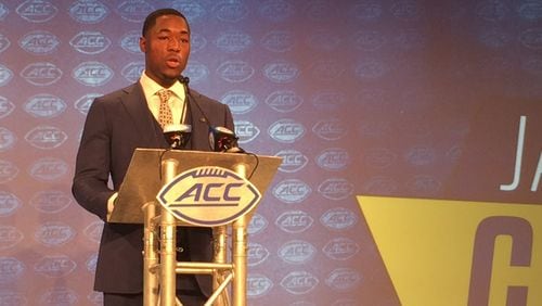 Georgia Tech senior wide receiver Jalen Camp has his moment at the big podium Thursday at the ACC Football Kickoff. (Steve Hummer/shummer@ajc.com)