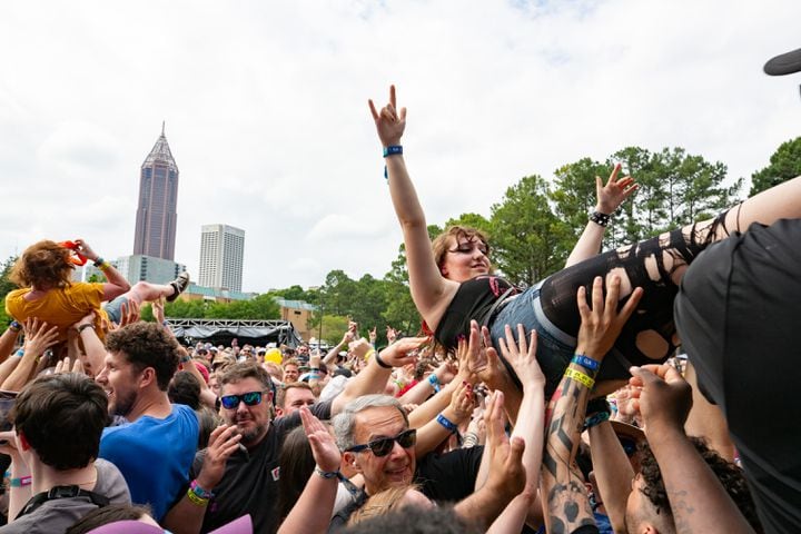 Atlanta, Ga: Bad Nerves killed with high flying acrobats and punk songs to an audience of crowd-surfing fanatics. Photo taken Saturday May 4, 2024 at Central Park, Old 4th Ward.  (RYAN FLEISHER FOR THE ATLANTA JOURNAL-CONSTITUTION)