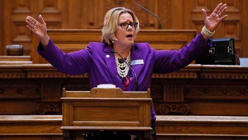 State Sen. Renee Unterman, R-Buford, on Wednesday protested the decision by her fellow Republicans to remove her as chairman of the Senate Health and Human Services Committee. Bob Andres, bandres@ajc.com