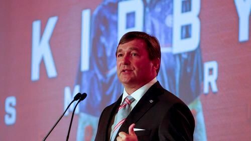 Georgia coach Kirby Smart speaks during the SEC's annual media gathering, Tuesday, July 11, 2017, in Hoover, Ala. (AP Photo/Butch Dill)