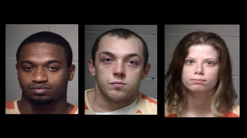 (Left to right) Carlos Hightower, James Nicholson and Magan Carroll face felony murder charges in connection with the death of a motorcyclist. 