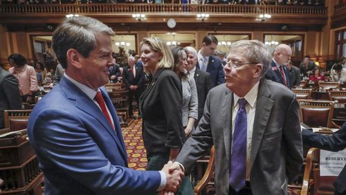 January 16, 2020 - Atlanta - Gov. Brian Kemp greets former U.S. Senator Johnny Isakson as he arrived to deliver his second State of the State address as the Georgia 2020 General Assembly continued for it's fourth legislative day. The governor and the house honored former U.S. Senator Johnny Isakson during the session.  Bob Andres / bandres@ajc.com