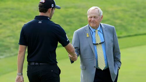 Patrick Cantlay shakes hands with Jack Nicklaus after winning The Memorial Tournament Presented by Nationwide at Muirfield Village Golf Club on June 2, 2019 in Dublin, Ohio. (Andy Lyons/Getty Images/TNS)
