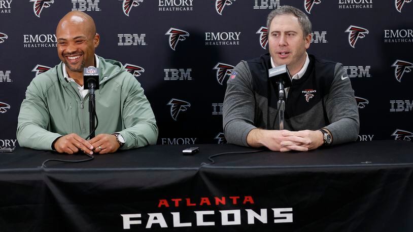Falcons coach Arthur Smith and general manager Terry Fontenot held their end-of-the-season joint press conference at the Falcons training facility on Wednesday, January 11, 2023. They reviewed the 2022 season and gave a preview of 2023. Miguel Martinez / miguel.martinezjimenez@ajc.com