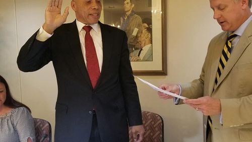 Due to the resignation of Mayor Joe Jerkins, Mayor Pro Tem Ollie Clemons is now the city’s mayor. Clemons was sworn into office by City Attorney Scott Kimbrough this month. (Courtesy of Austell)